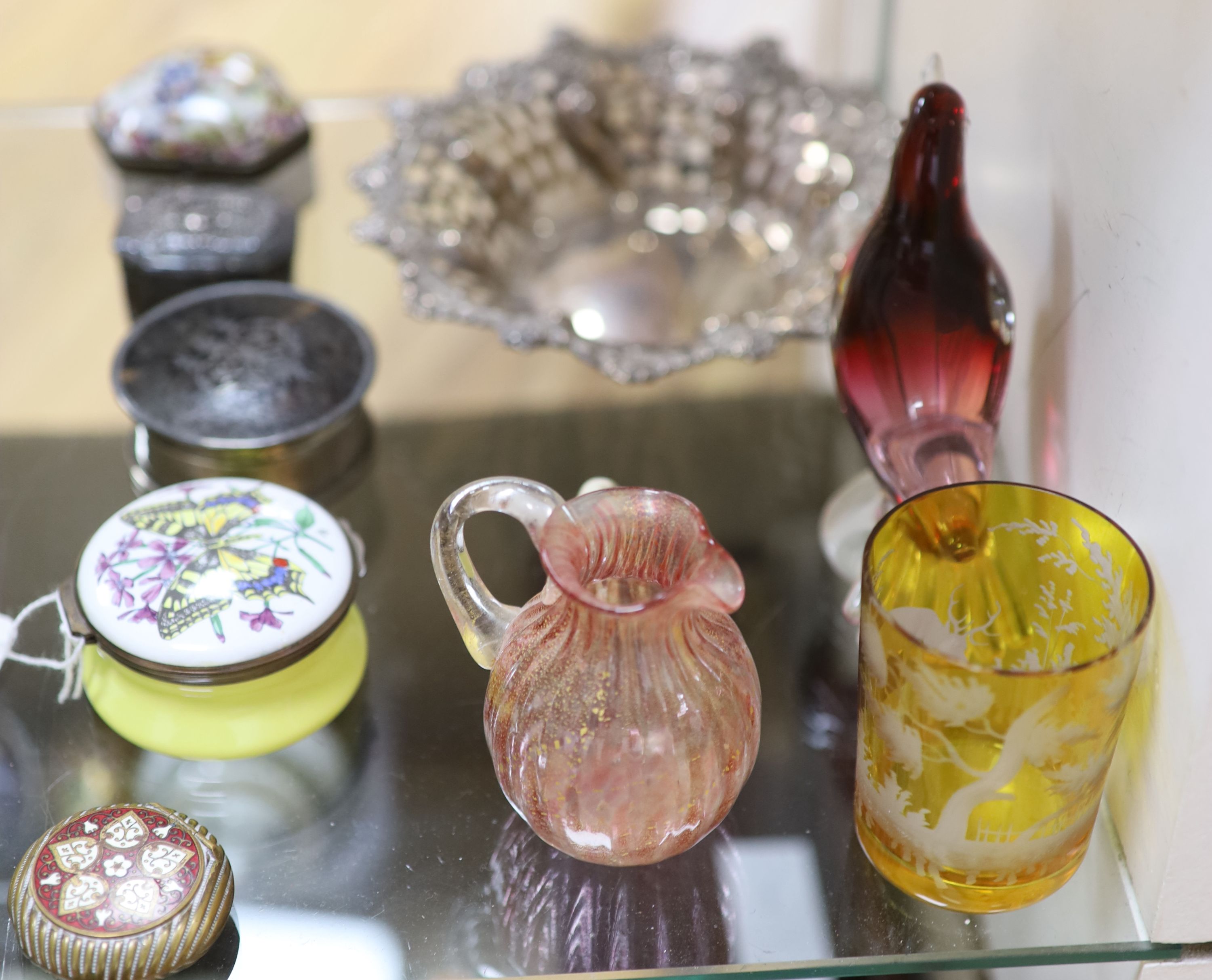 A small ivory figure, a silver and tortoiseshell box, four other boxes, glassware etc.